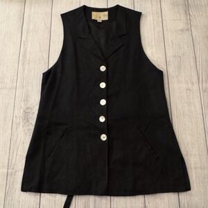 Vintage Express Black Linen Blend Long Vest Button Front Sleeveless Minimalist S